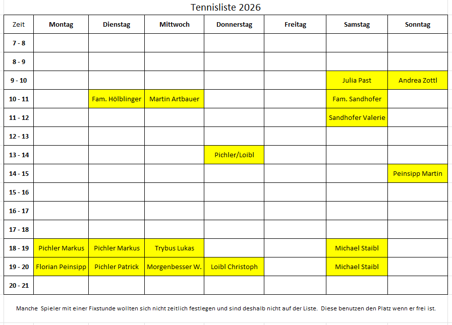 Tennisliste 2026 Belegungsplan